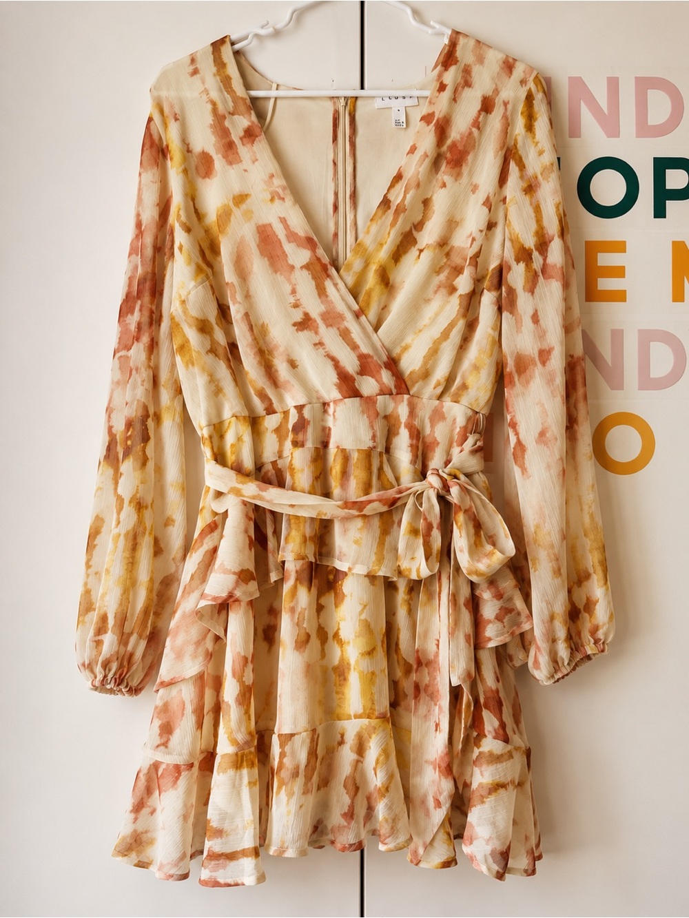 Nordstrom Long-Sleeve Wrap Dress in Cream, Blush & Gold-Tan